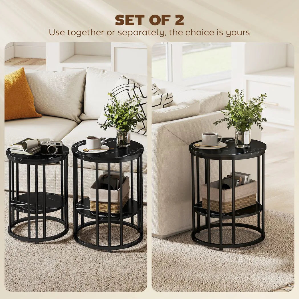 HOMCOM Set of 2 Round Marble-Effect Coffee Tables with Black Steel Legs and Bottom Shelf – Two-Tier