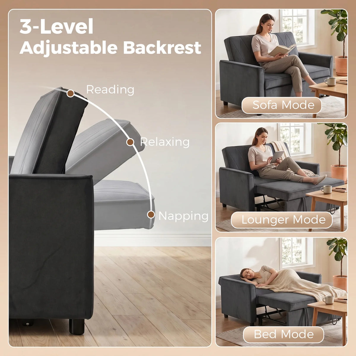 HOMCOM 2 Seater Sofa Bed, 3-in-1 Convertible Pull Out Sleeper with Click-Clack Backrest – Guest Bed, Dark Grey