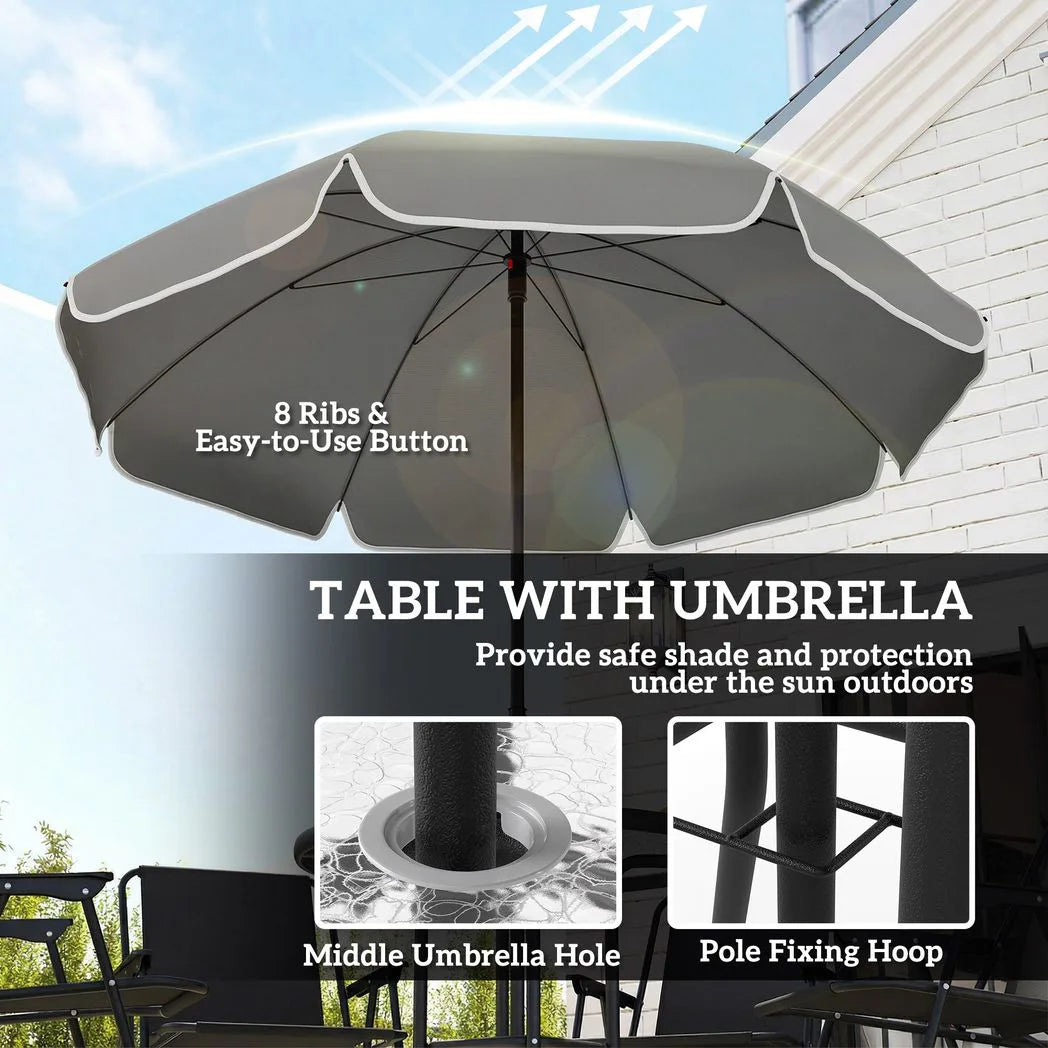 Outsunny 6 Piece Garden Dining Set for 4 with Parasol – Round Glass Table & Folding Mesh Chairs, Black