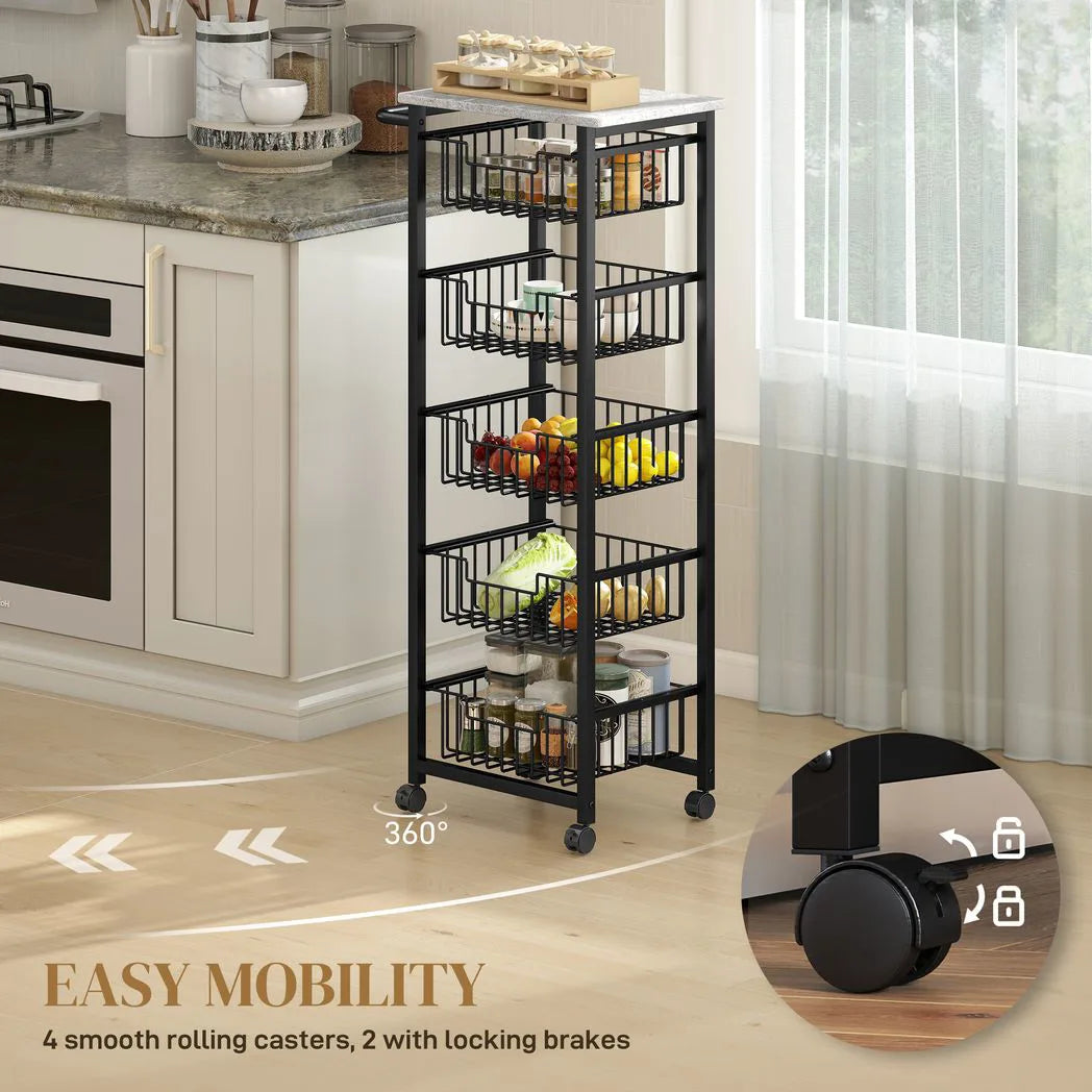 HOMCOM Five Basket Mobile Kitchen Island with Brakes – Storage Trolley, Marble-Effect Top, Grey and Black