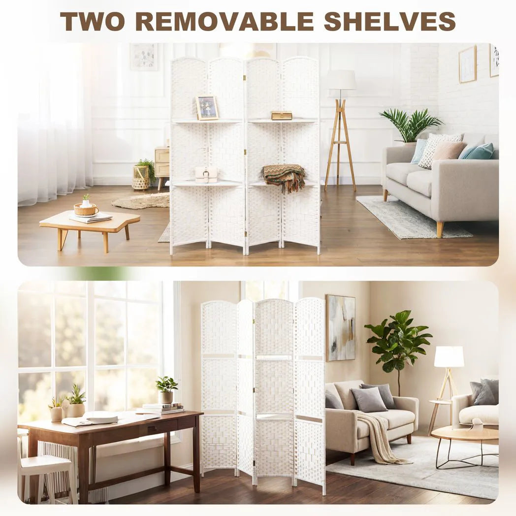 HOMCOM 4 Panel Folding Room Divider with Two Shelves & Arched Top – Freestanding Privacy Screen, 160 x 170cm, White