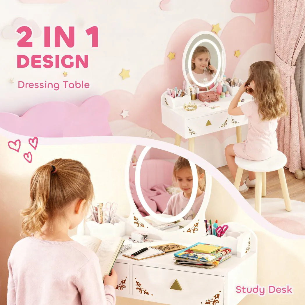 AIYAPLAY Kids Vanity Table and Chair Set with 3-Colour LED Mirror & Drawers – 2-in-1 Dressing Table & Desk, White