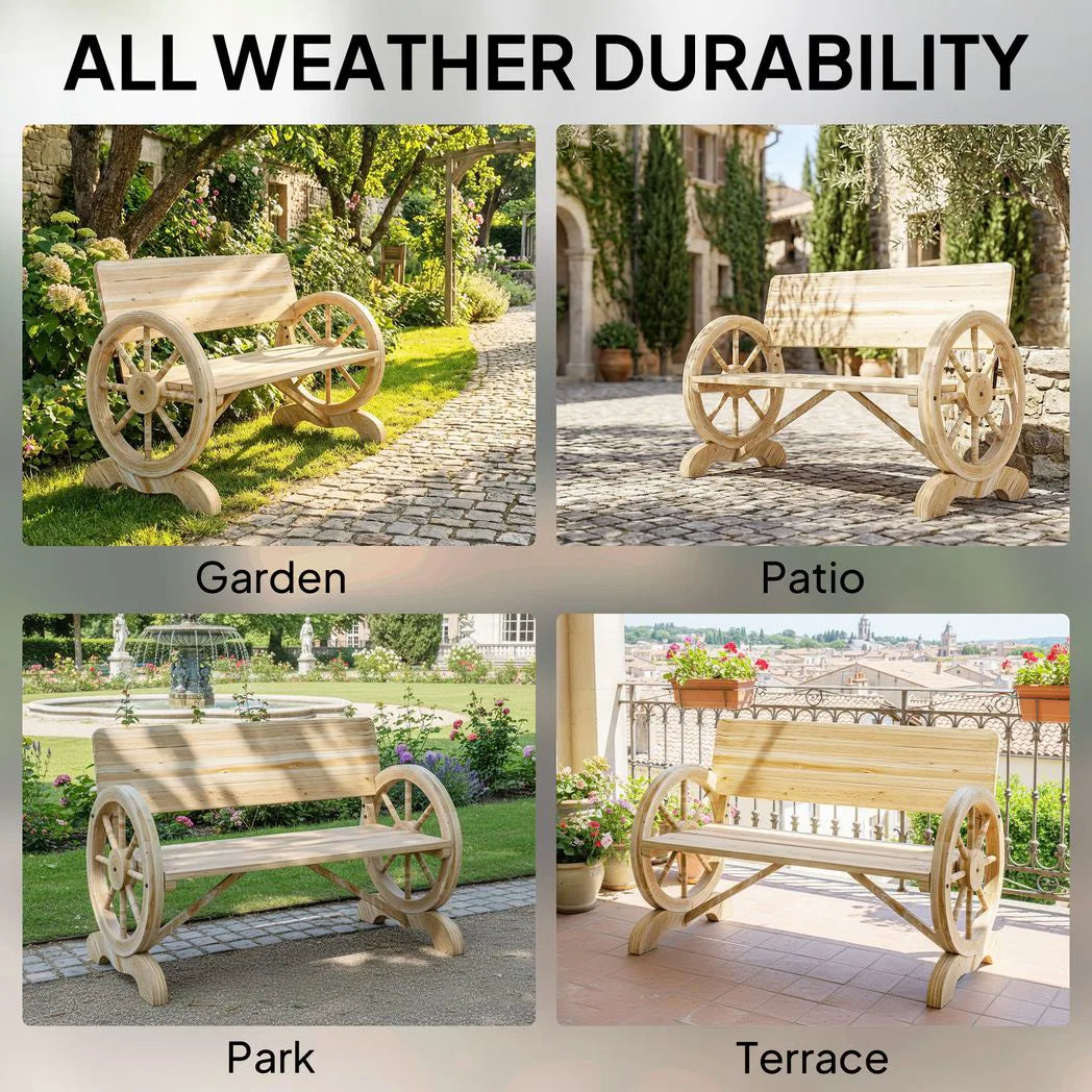 Outsunny 2-Seater Wagon Wheel Garden Bench, Fir Wood, Natural Finish