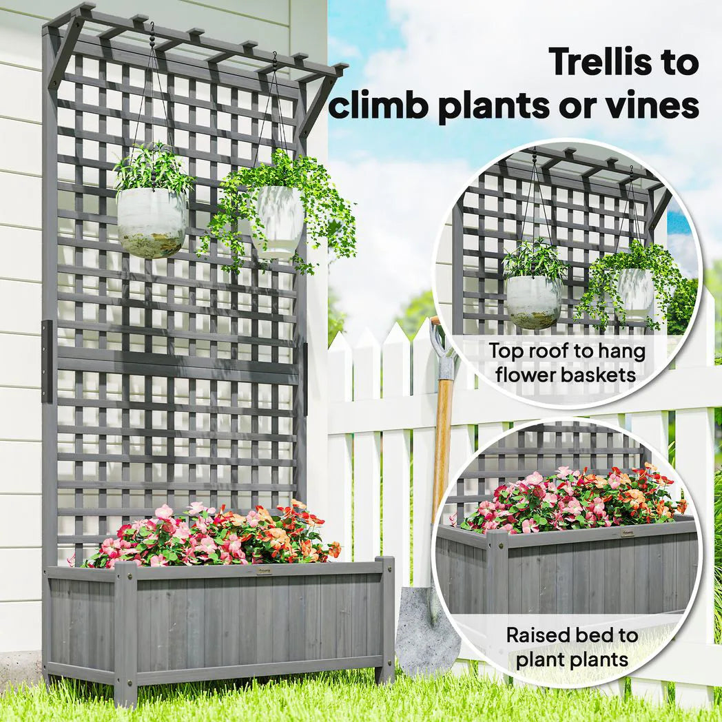 Outsunny Raised Garden Bed with Trellis and Hanging Roof, Fir Wood Planter with Drainage Holes for Vegetables & Flowers, Dark Grey