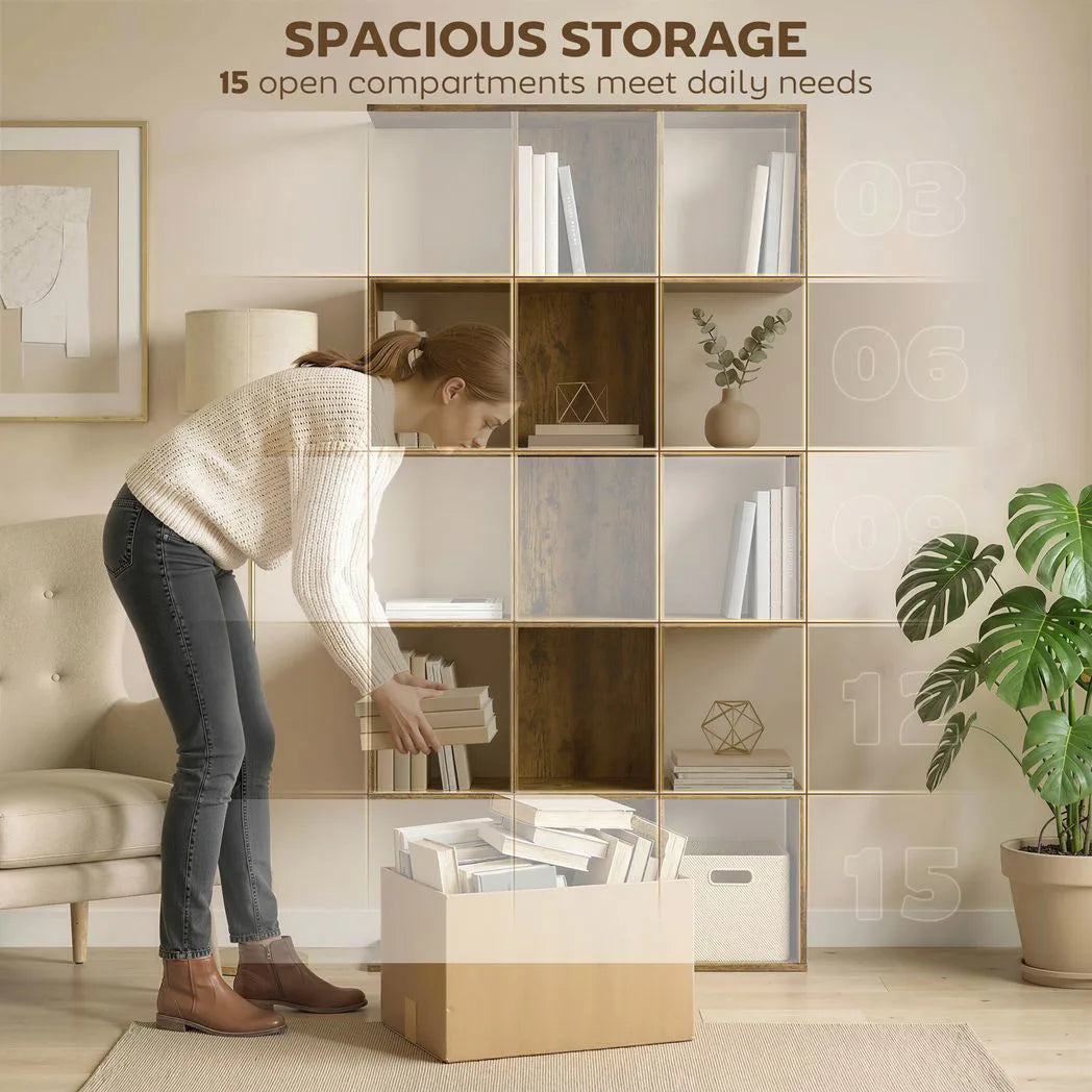 HOMCOM 5-Tier S-Shaped Geometric Bookcase with 15 Compartments – Slim Display Shelf with Anti-Tip Hardware, Rustic Brown