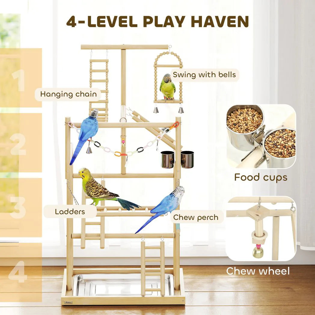 PawHut 95 cm Wooden Bird Playground with Ladders, Chain Toy and Steel Tray – Parrot Play Stand, Natural