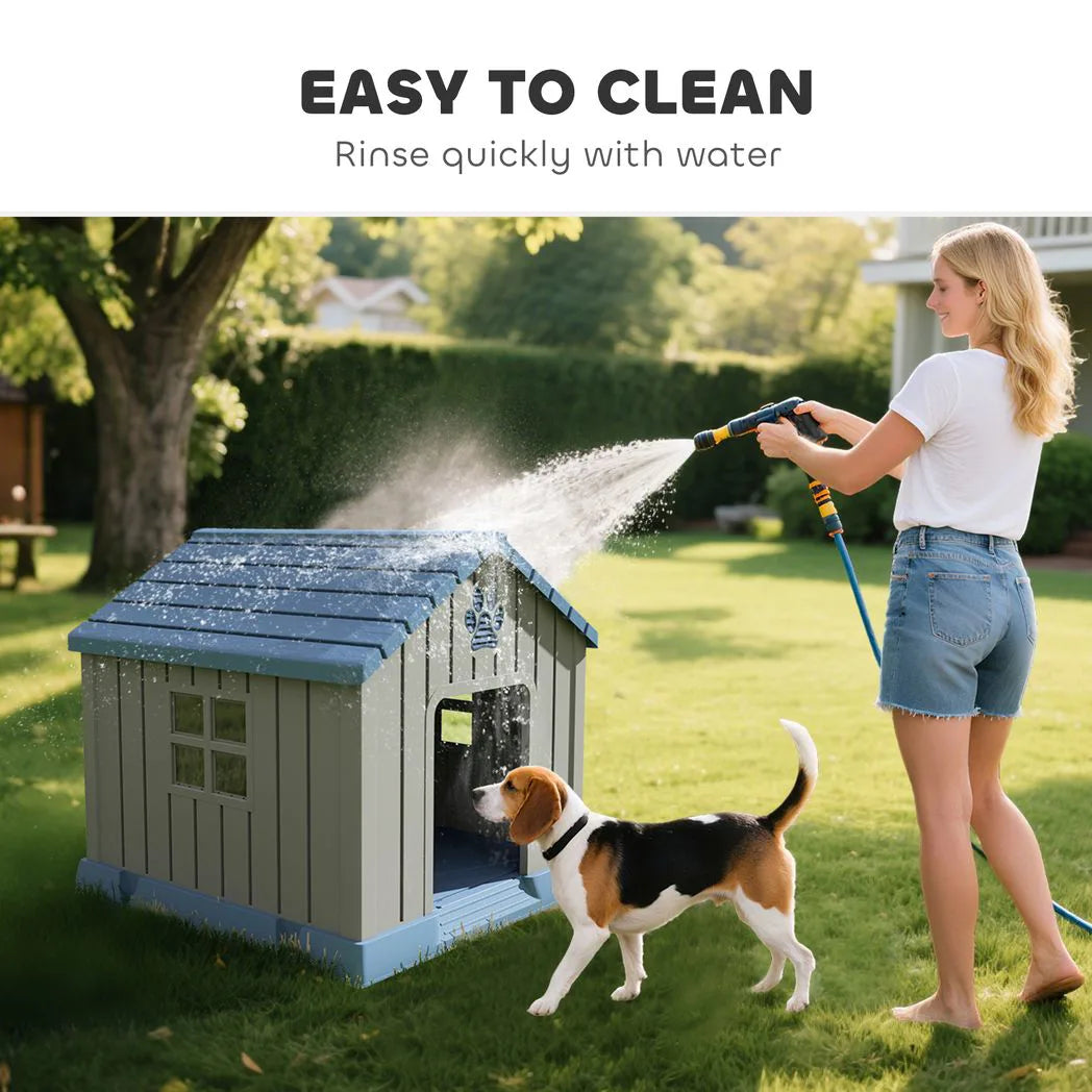 PawHut Waterproof Plastic Dog Kennel for Medium Dogs, Raised Base – Outdoor Garden House, 85 cm, Grey