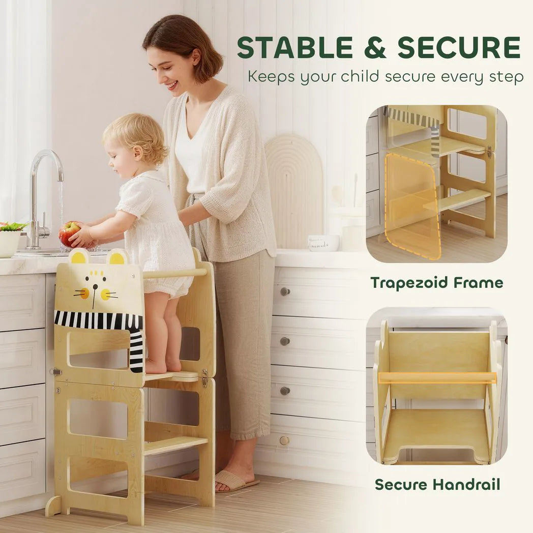 AIYAPLAY 3-in-1 Toddler Step Stool with Chalkboard – Cat-Shaped Kitchen Standing Tower, Natural