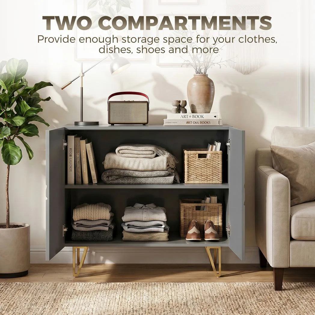HOMCOM Modern Luxe High Gloss Sideboard with Hairpin Legs, Two Shelves – Kitchen Storage Cabinet, Grey