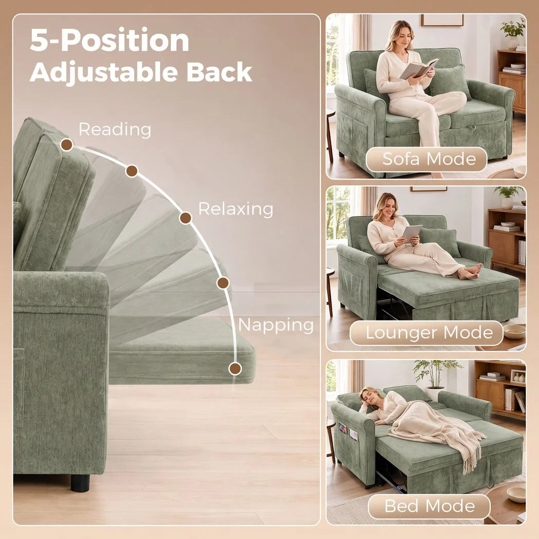 HOMCOM 2 Seater Sofa Bed, 3-in-1 Convertible Chenille Sleeper Sofa with 5-Position Backrest – Light Green