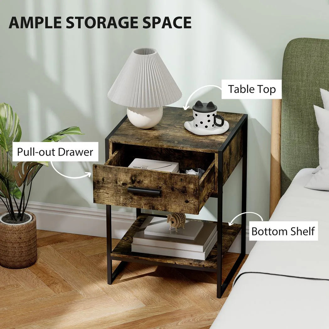 HOMCOM Modern Bedside Table - Rustic Brown