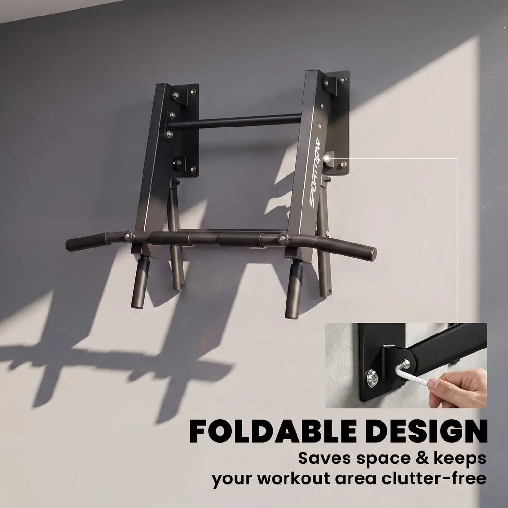 SPORTNOW Wall Mounted Folding Pull Up Bar with 3 Band Hooks – 120kg Steel Chin Up Bar for Home Gym, Black