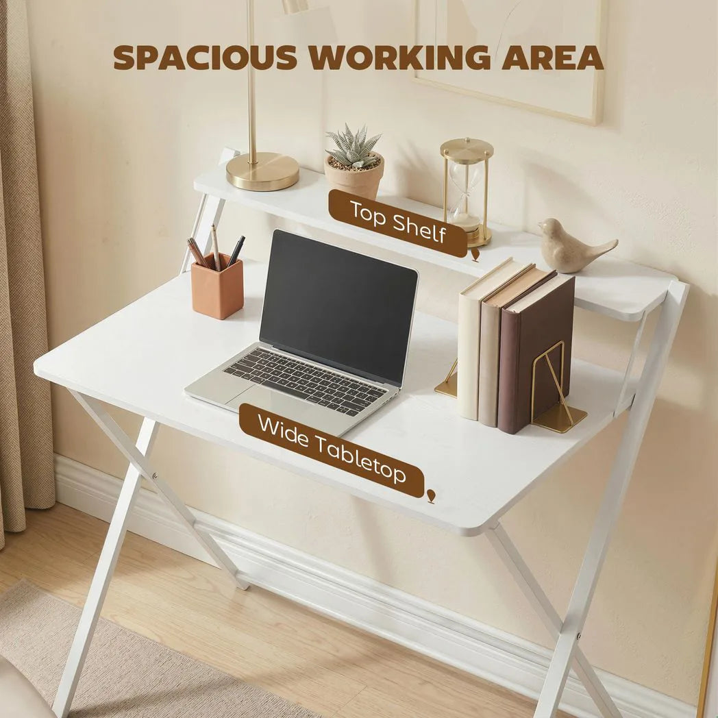 HOMCOM Compact Folding Desk with Storage Shelf – Space-Saving Home Office Computer Desk, White