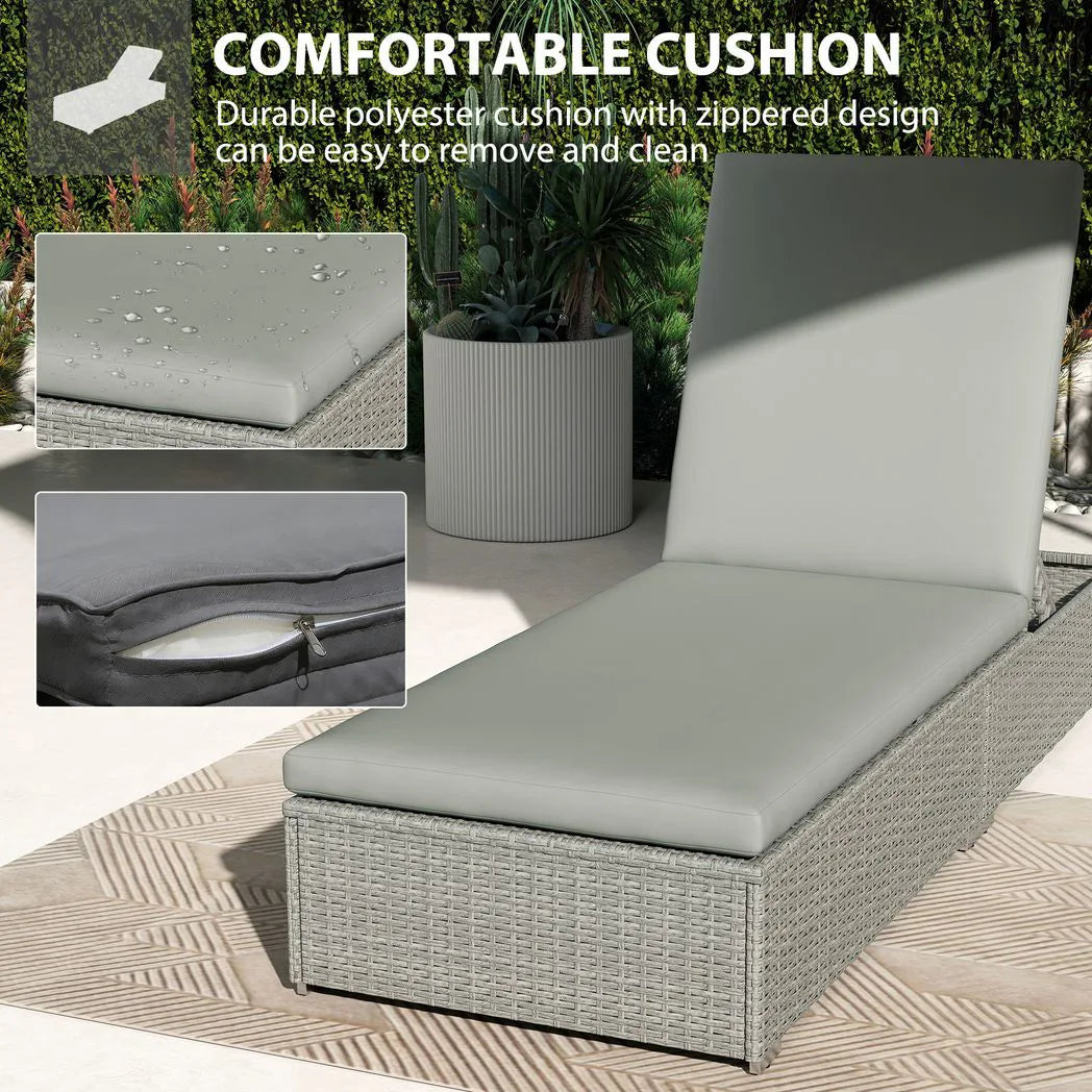 Outsunny Rattan Sun Lounger with Cushion – Five-Position Reclining Garden Lounger Bed, Light Grey