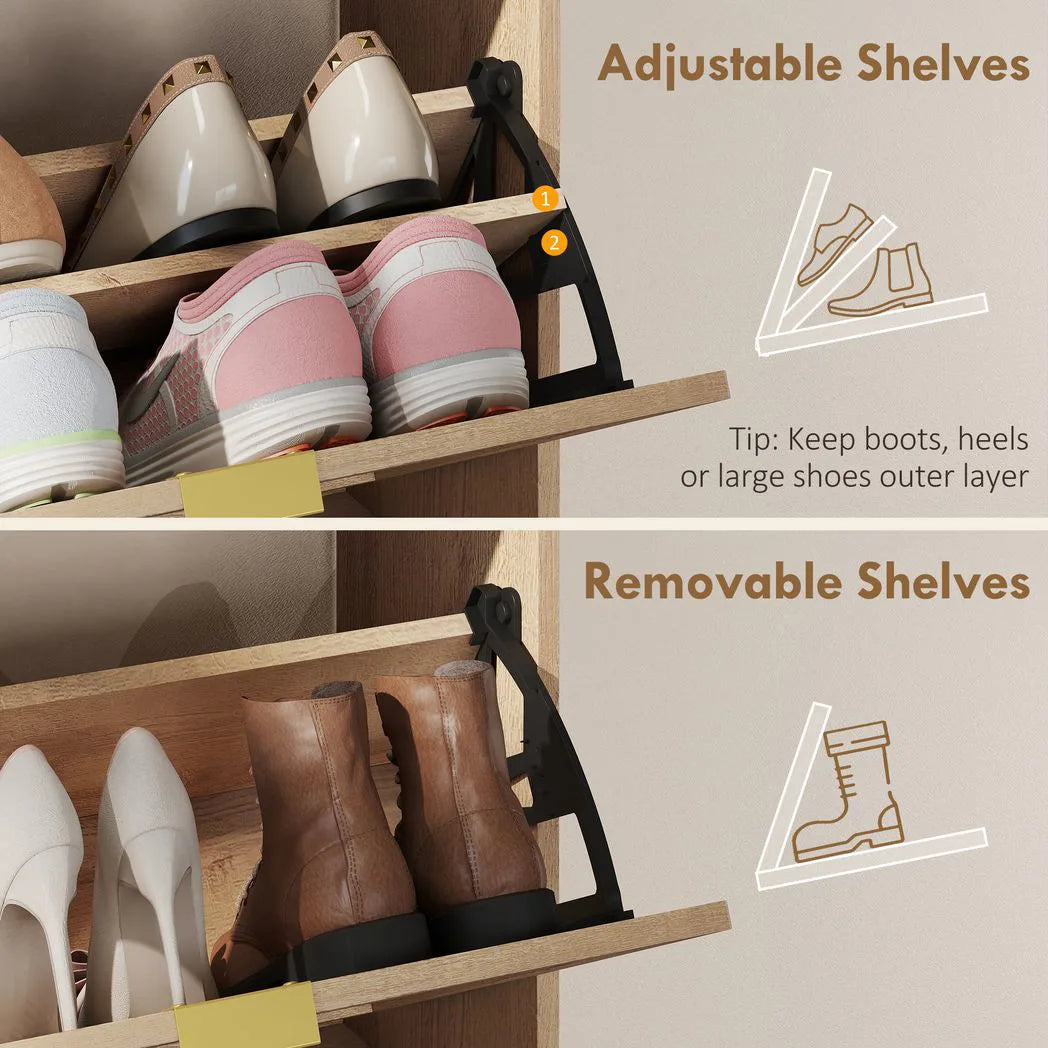 HOMCOM Narrow Shoe Cabinet with 2 Flip-Down Drawers & Open Shelves, Walnut Brown
