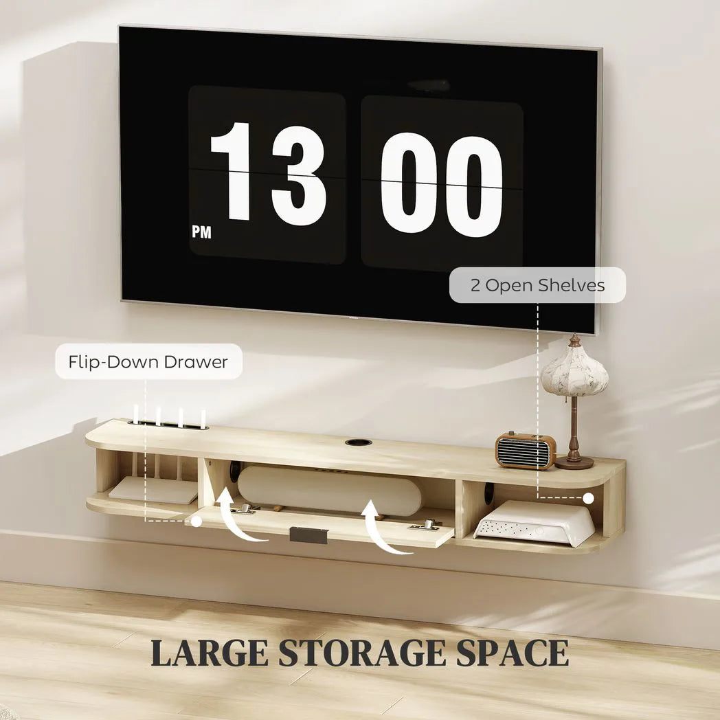 HOMCOM 120 cm Floating TV Unit with Flip Drawer & Cable Management – Wall Mounted for TVs up to 50 Inch, Natural