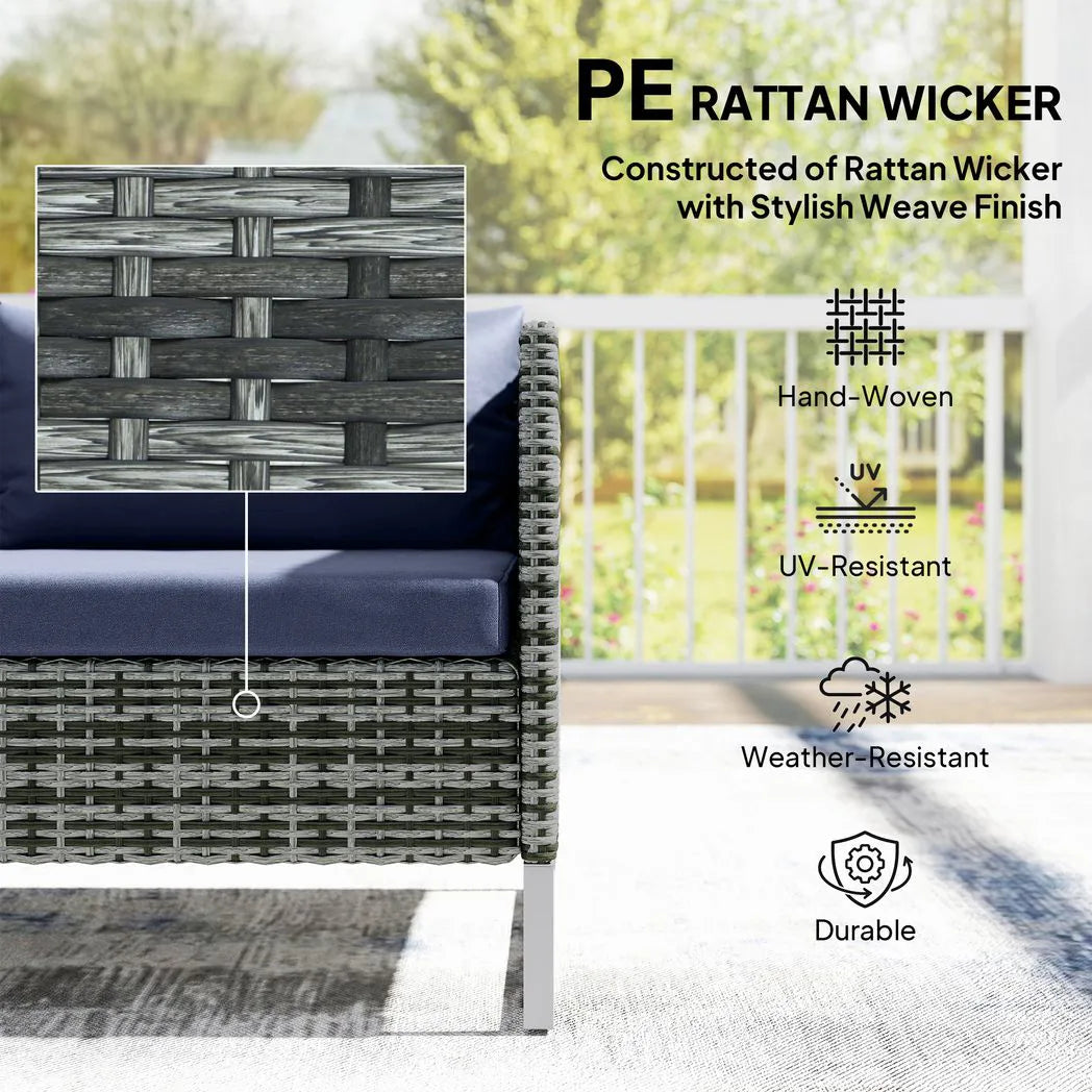 Outsunny 4 Piece Rattan Corner Sofa Set – Two Loveseats, Storage Table and Glass Coffee Table with Cushions, Dark Blue