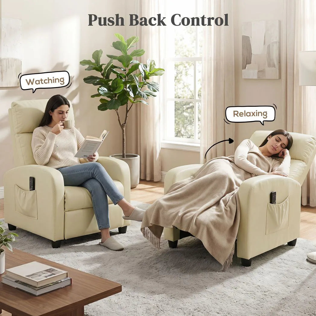 HOMCOM Massage Recliner Armchair with Push Back Reclining, Leg Rest & Side Pocket – Faux Leather, Cream