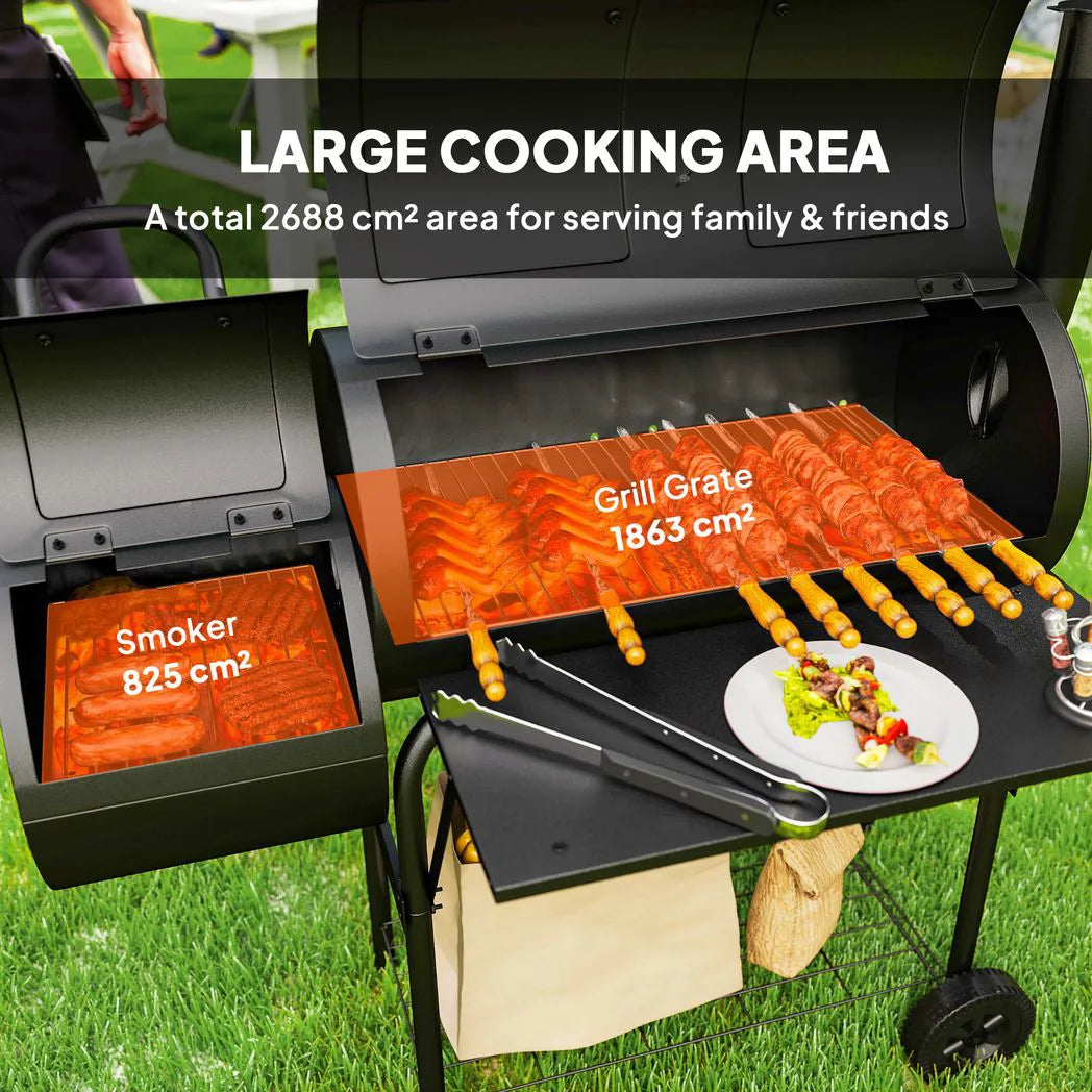 Outsunny Charcoal BBQ Grill with Offset Smoker, Thermometer Lid and Shelves – Garden Barbecue, Black