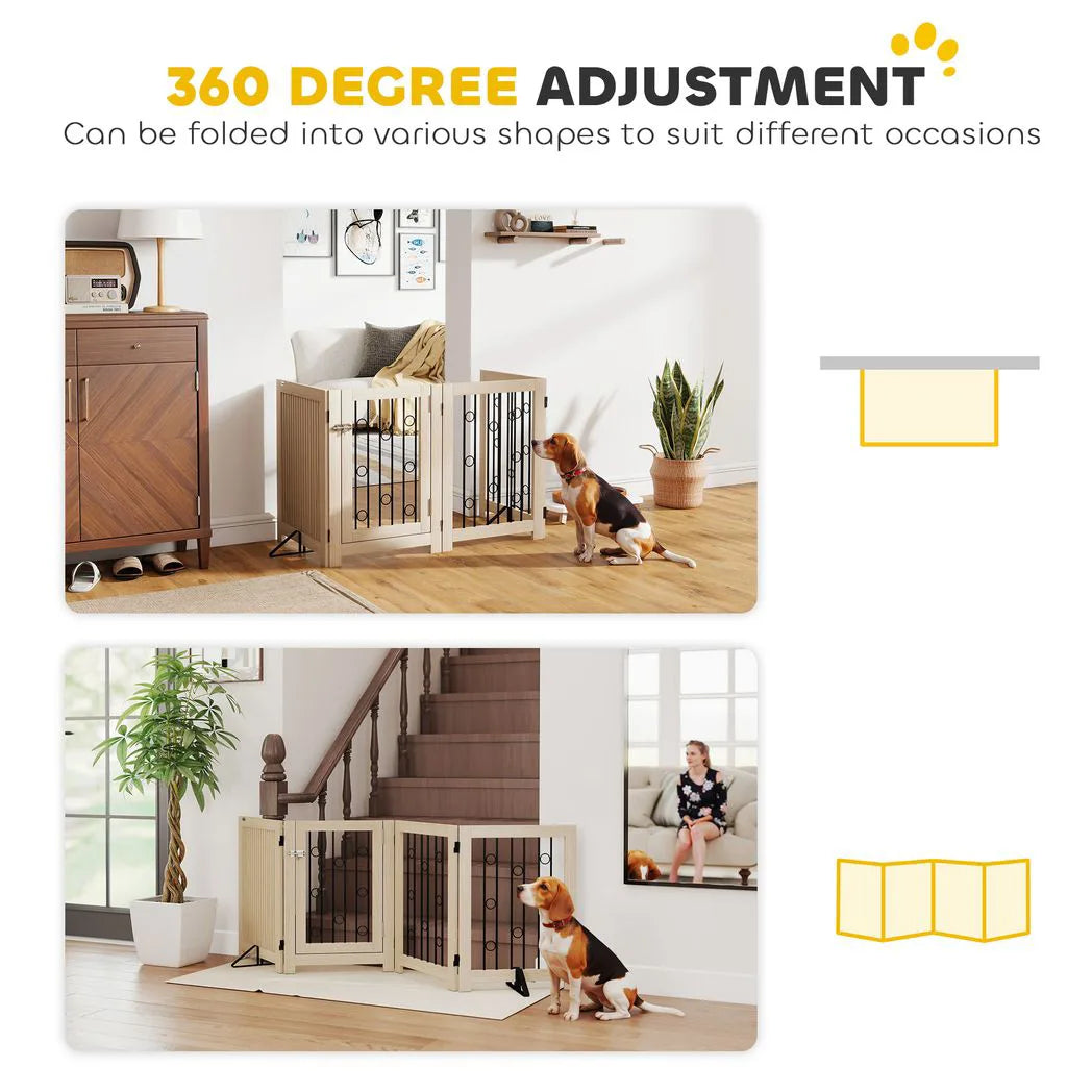 PawHut 4 Panel Freestanding Dog Gate with Lockable Door and Support Feet – Foldable Indoor Barrier, Oak