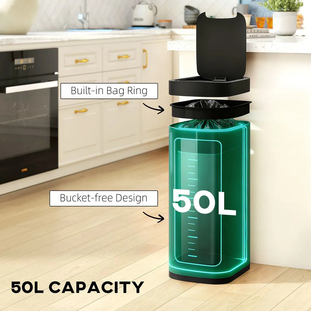 HOMCOM 50L Automatic Sensor Kitchen Bin with Manual Override – Battery-Operated, Touch-Free Lid, Black