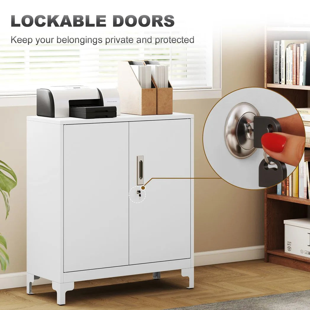 HOMCOM Lockable Metal Filing Cabinet with 2 Shelves, Double Doors & Anti-Tip Straps – Office Storage, White