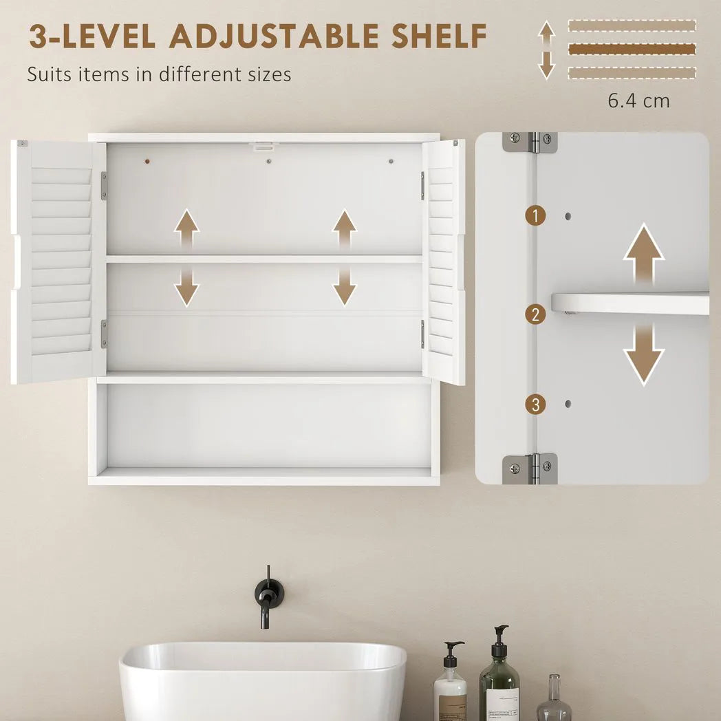HOMCOM Wall Mounted Bathroom Cabinet with Adjustable Shelves – 60 cm Louvred Door Storage, White