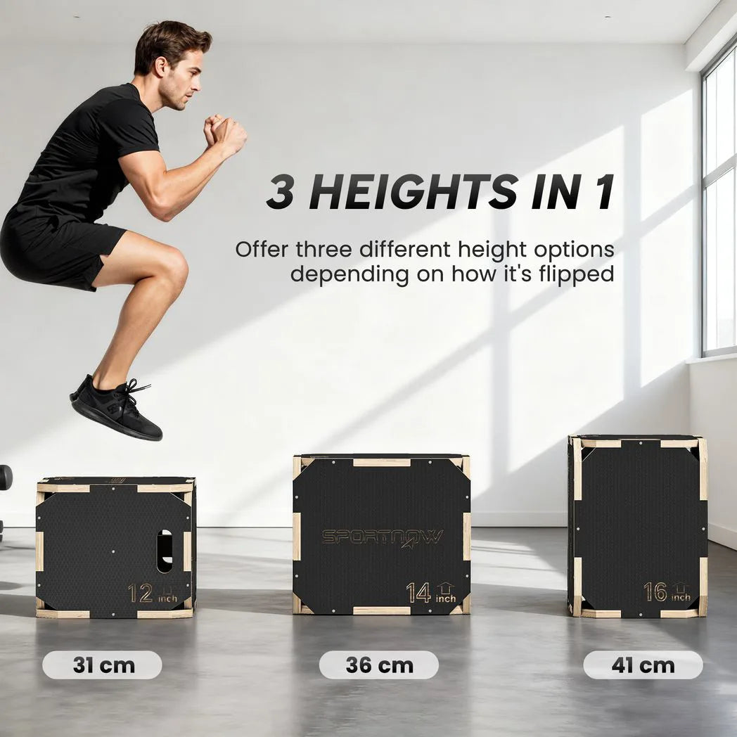 SPORTNOW Non-Slip Wooden Plyo Box with Cut-Out Handles, 3 Heights – Corner-Free Jump Box for Home Gym Training