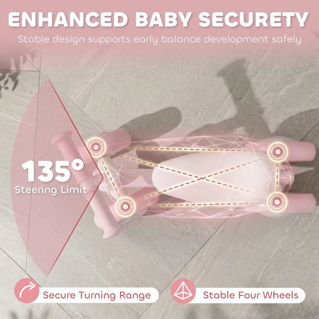 AIYAPLAY Baby Balance Bike for 1–2 Years with Four Light-up EVA Wheels and Adjustable Seat – Toddler Ride-On, Pink
