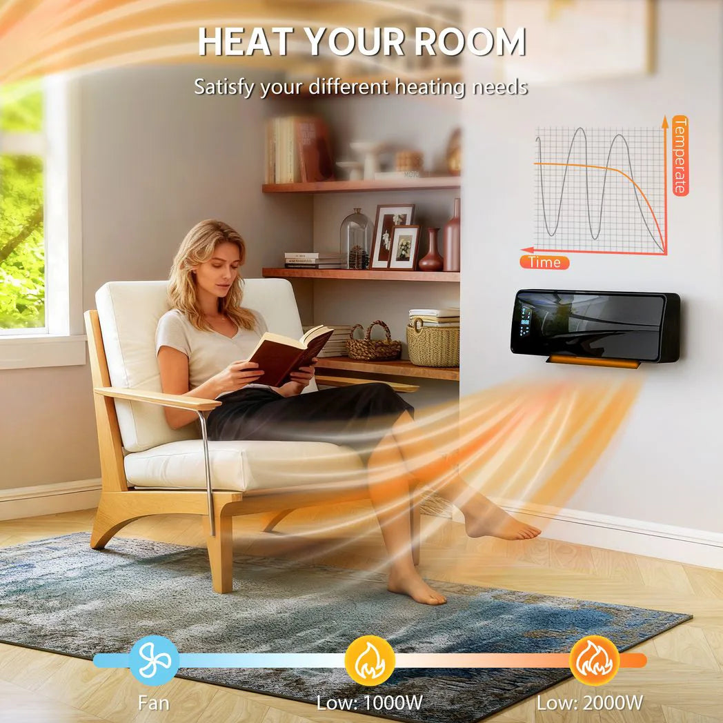 HOMCOM 2000W Wall Mounted Ceramic Heater with Oscillating Fan, Thermostat & Remote – Electric Room Heater, Black