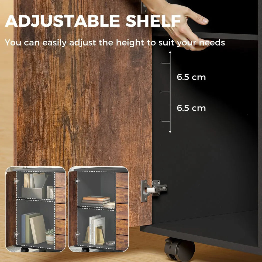 HOMCOM Mobile Office Storage Cabinet with 5 Drawers, Cupboard & Wheels – Study Filing Storage, Rustic Brown