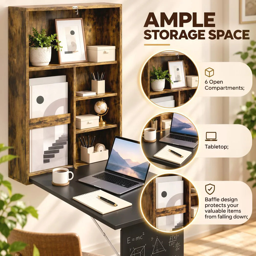 HOMCOM Folding Wall-Mounted Drop-Leaf Table with Chalkboard and Storage Shelf – Space-Saving Desk, Brown