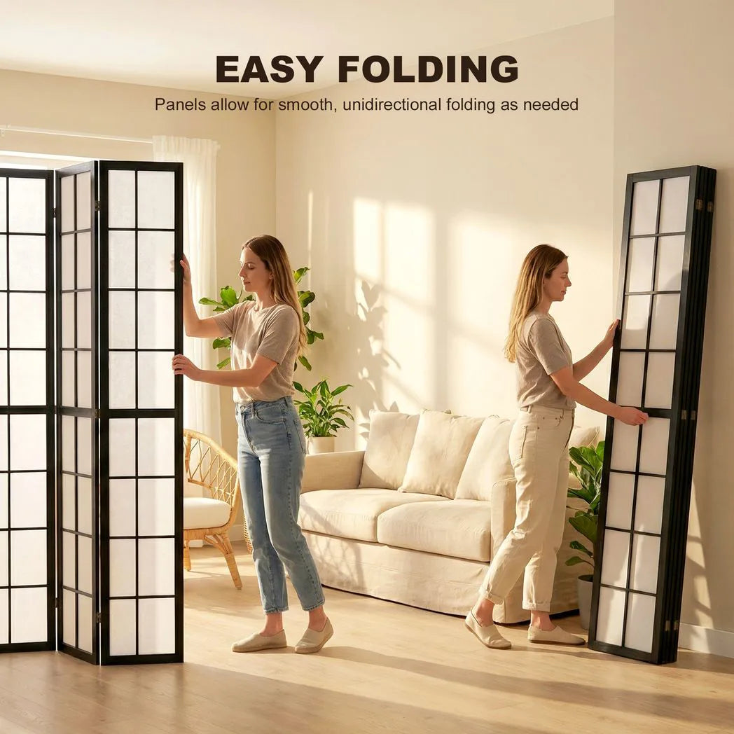 HOMCOM 4 Panel Folding Room Divider with Pine Wood Frame – Freestanding Privacy Screen for Living Room & Bedroom, Black
