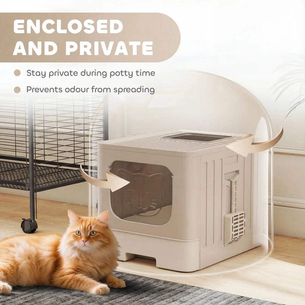 PawHut Cat Litter Box with Lid, Slide-Out Drawer and Scoop – Odour Control, Anti-Splashing, Khaki