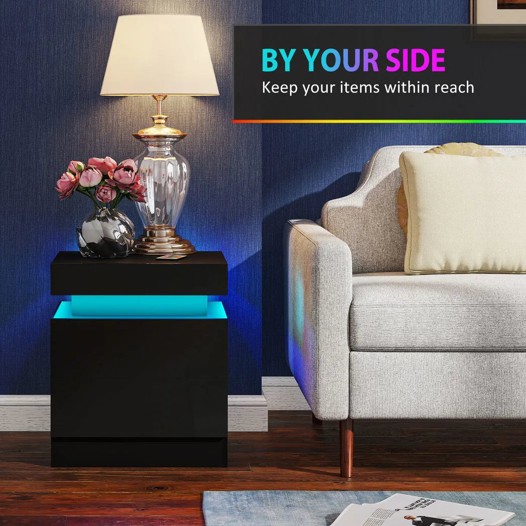 HOMCOM Set of 2 Bedside Tables with LED Light & 2 Drawers – High Gloss Nightstands for Bedroom, Black