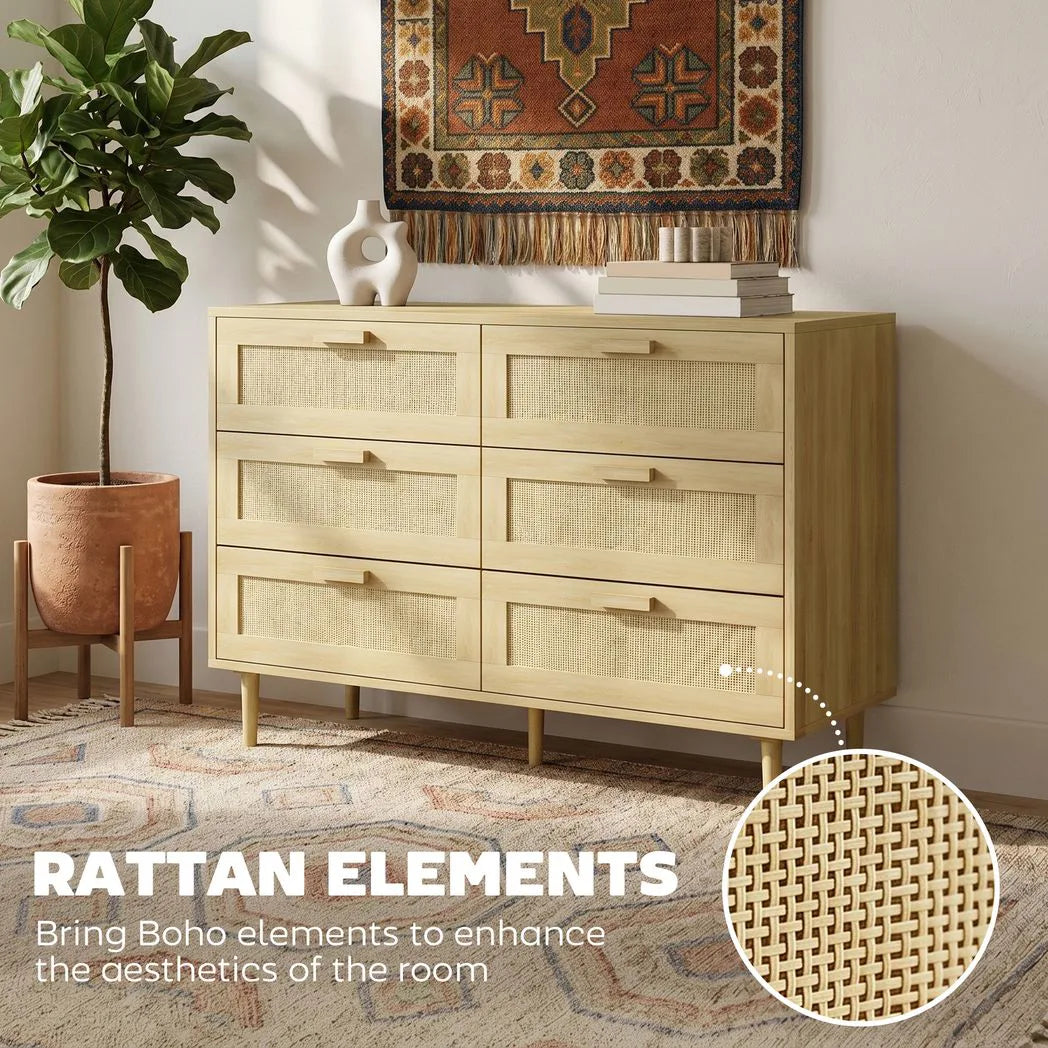 HOMCOM 6-Drawer Tall Chest of Drawers with Rattan Elements – Boho Bedroom and Living Room Storage Unit, Oak