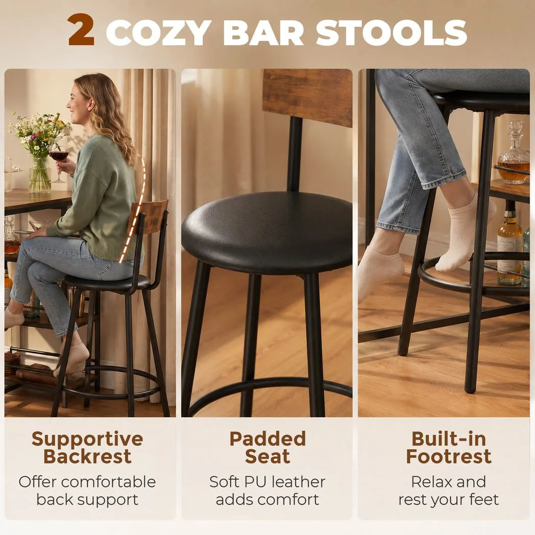 HOMCOM 3-Piece Bar Table and PU Leather Stools Set with Storage Shelves – Breakfast Bar for 2, Rustic Brown