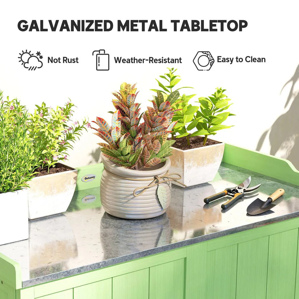 Outsunny Wooden Garden Storage Cabinet with Galvanised Top – 2-in-1 Potting Bench and Tool Shed, Green
