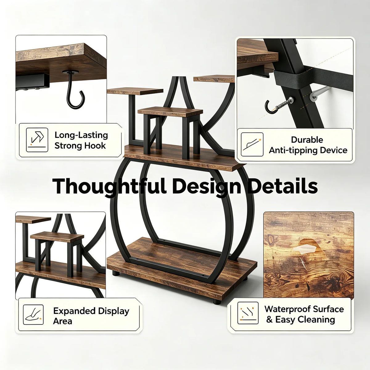 Tree-Shaped Plant Stand with 4 Grow Lights and Wheels – Black Iron & Weathered Wood Multi-Tier Rack