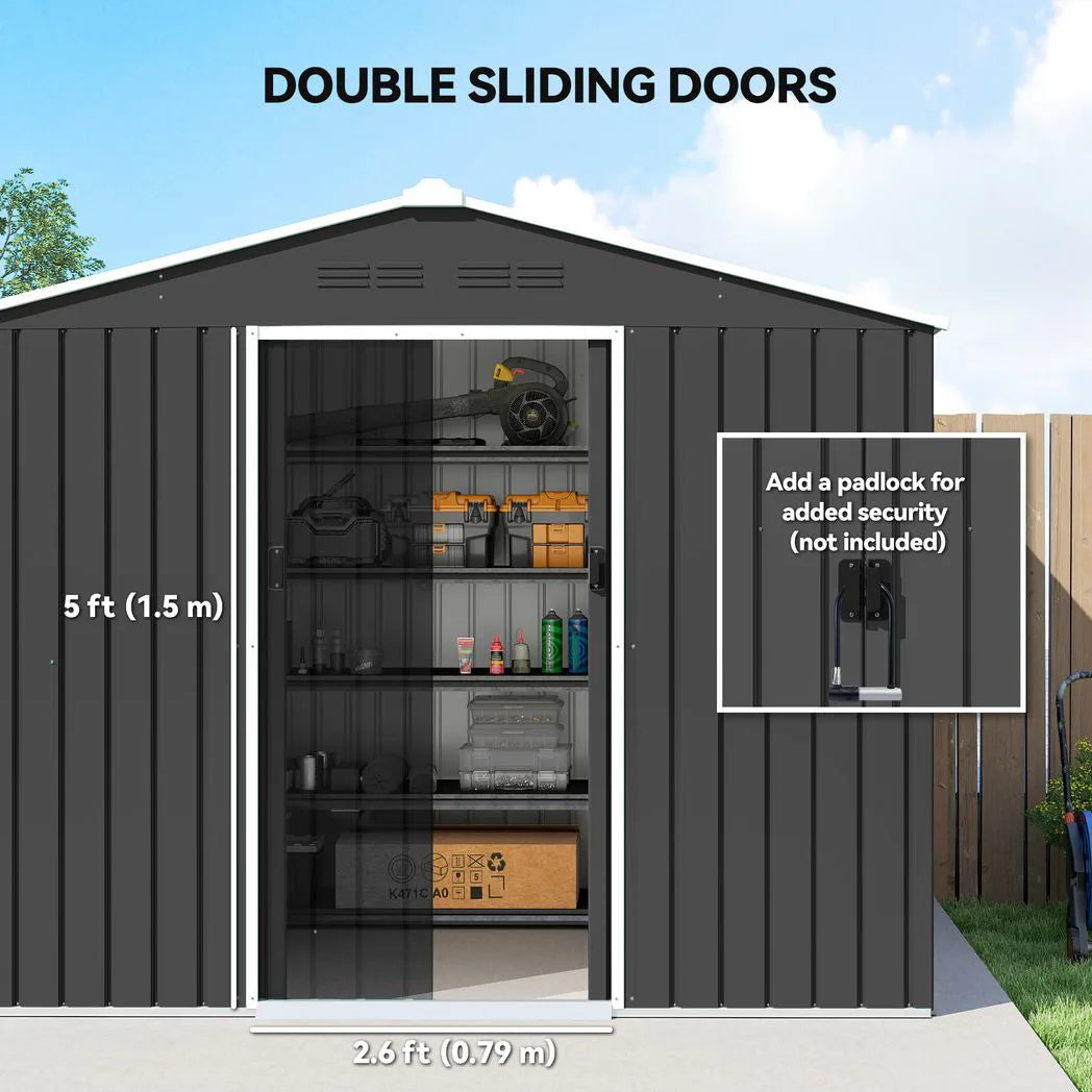 Outsunny 8 x 6ft Galvanised Steel Garden Shed with Lockable Sliding Double Doors and Vents, Dark Grey