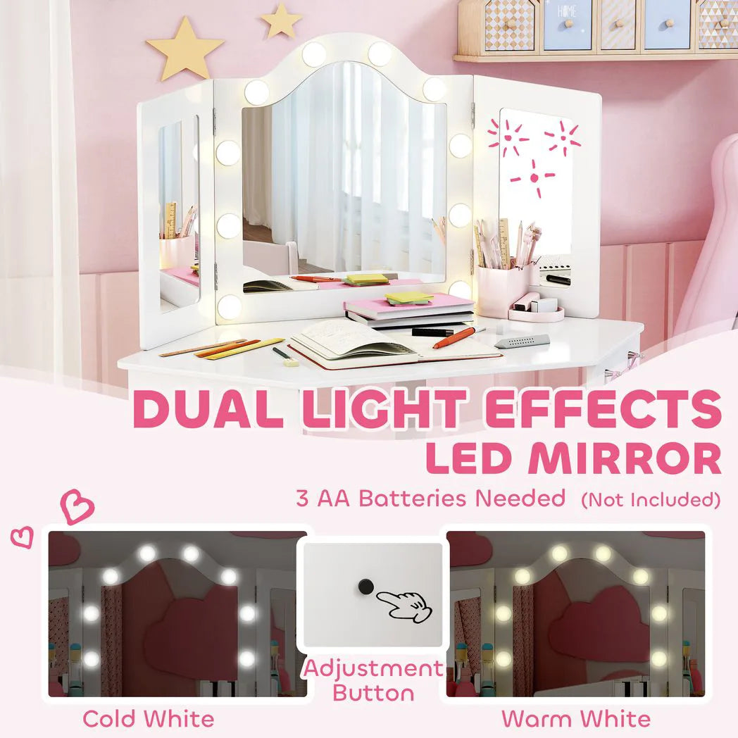 AIYAPLAY Kids Dressing Table and Stool Set with 2-Colour LED Lights, Tri-Folding Mirror and Side Pocket, White