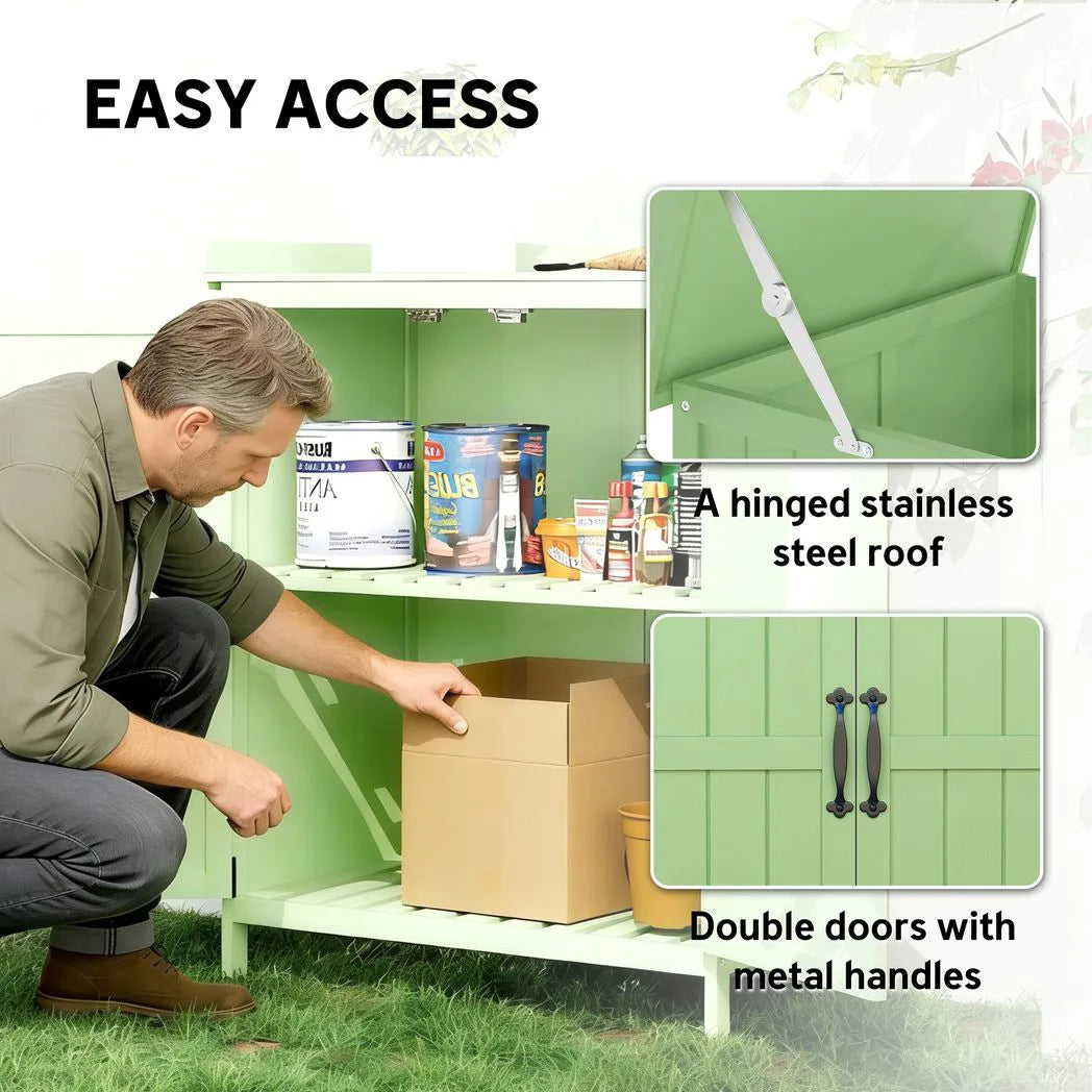 Outsunny Wooden Garden Tool Storage Cabinet with Hinged Roof, Double Doors and 2 Shelves – Light Green