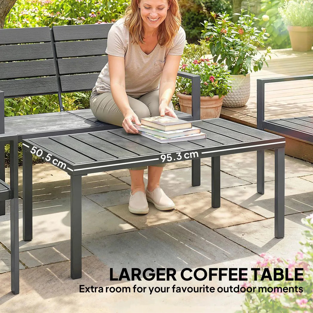 Outsunny 4 Piece HDPE Garden Furniture Set with Loveseat, 2 Armchairs and Coffee Table – Dark Grey