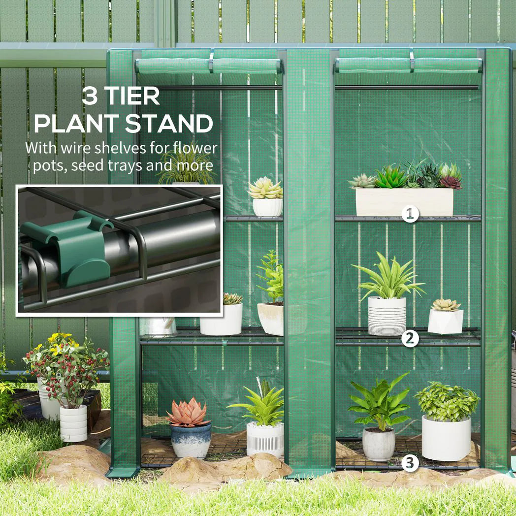 Outsunny Three-Tier Mini Greenhouse with Roll-Up Zipped Doors and 140 gsm PE Cover, Steel Frame – Green