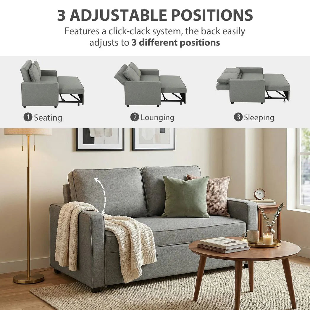 HOMCOM Double Click Clack Sofa Bed with Adjustable Backrest – 3-in-1 Pull-Out Bed for Living Room, Grey