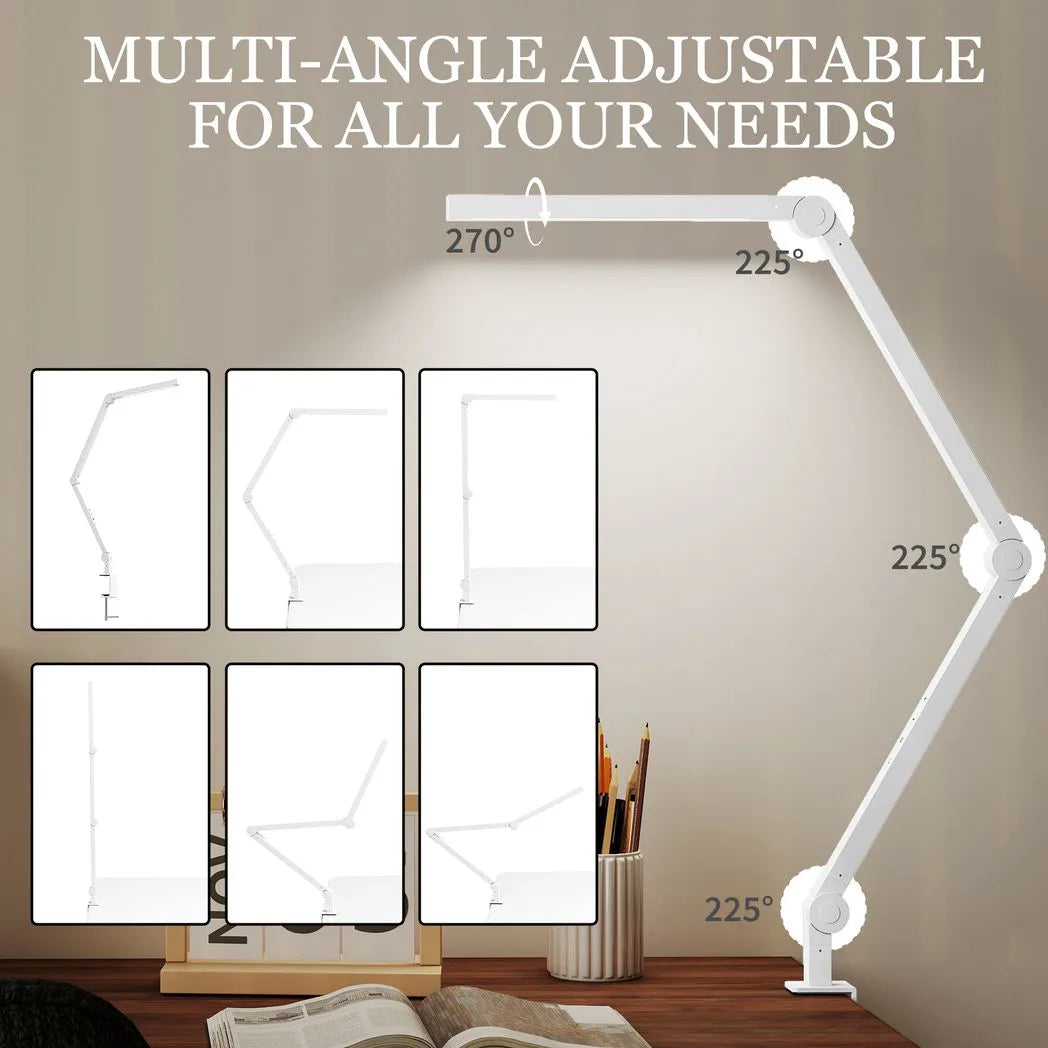 HOMCOM LED Desk Lamp with Clamp & Swing Arm, 2 Colour Modes, 5 Brightness Levels – Study Task Light, White