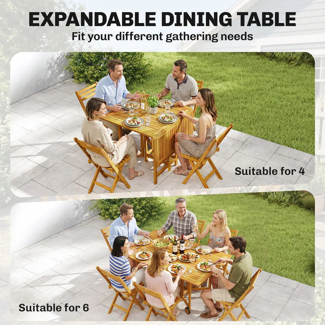 Outsunny 7-Piece Garden Dining Set, Extending Table & 6 Folding Chairs – Acacia Wood, Umbrella Hole