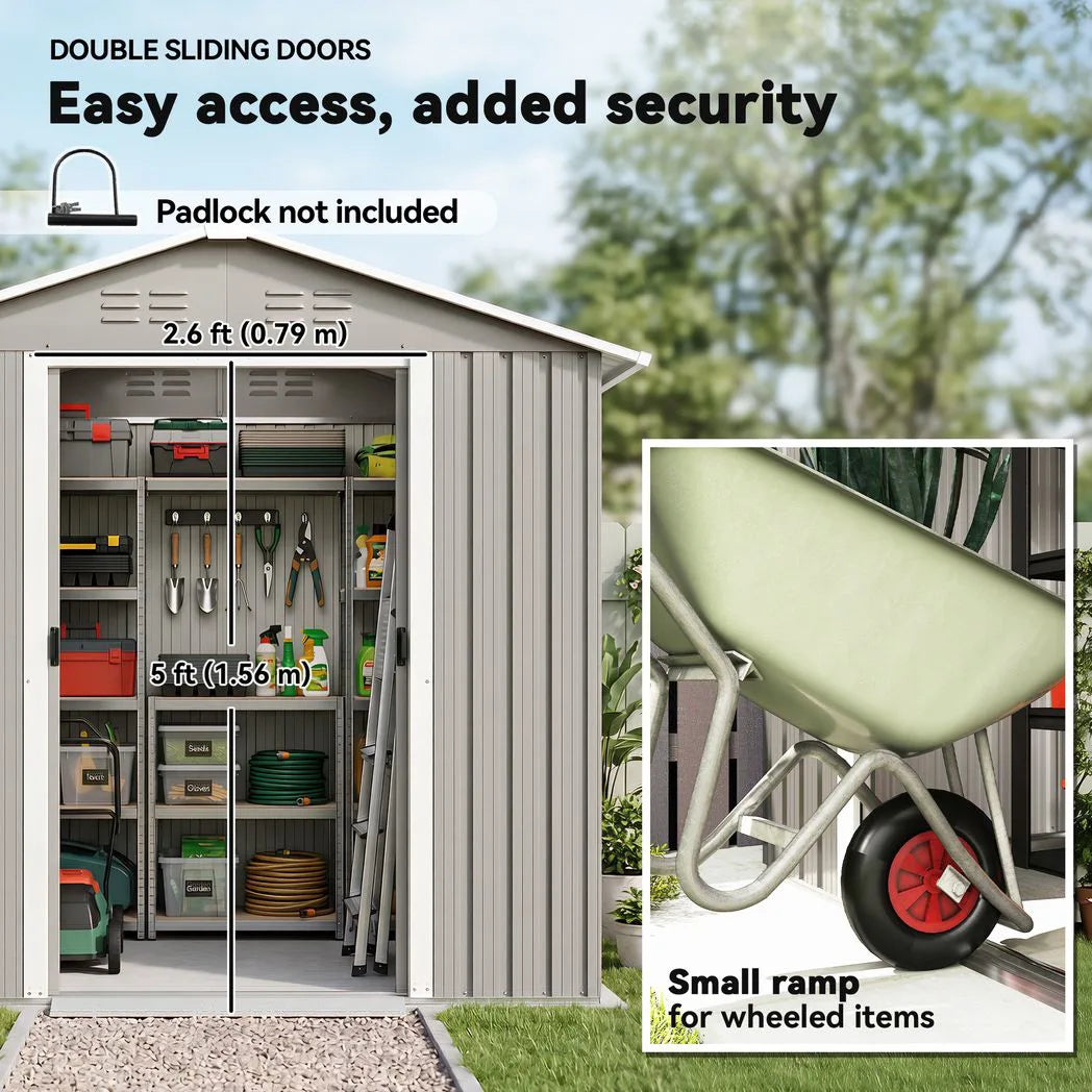 Outsunny 6.5 x 3.5ft Galvanised Metal Garden Shed with Double Doors and Vents, Light Grey