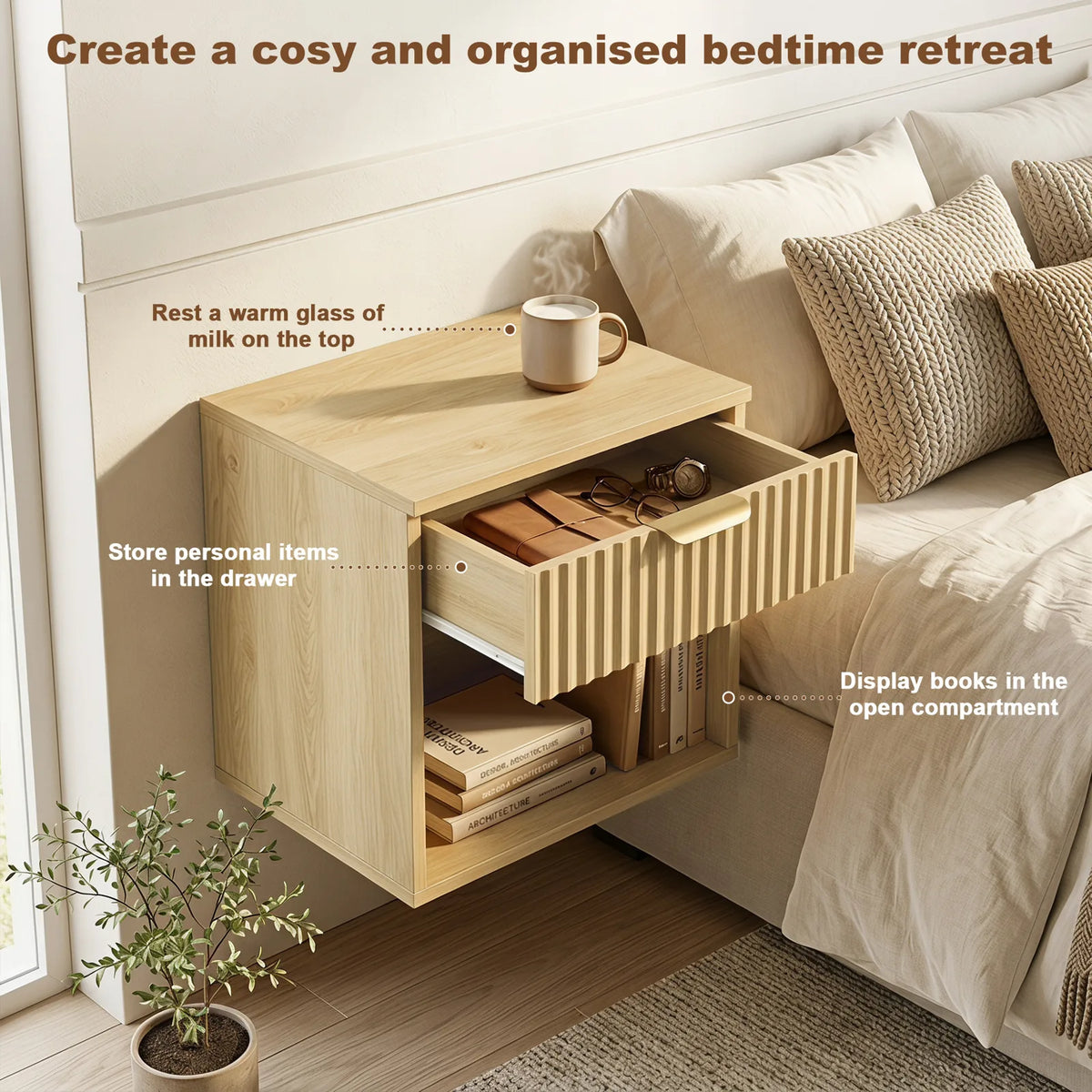 HOMCOM Floating Nightstands Set of 2 with Fluted Drawer and Open Shelf – Wall-Mounted Bedside Tables, Oak