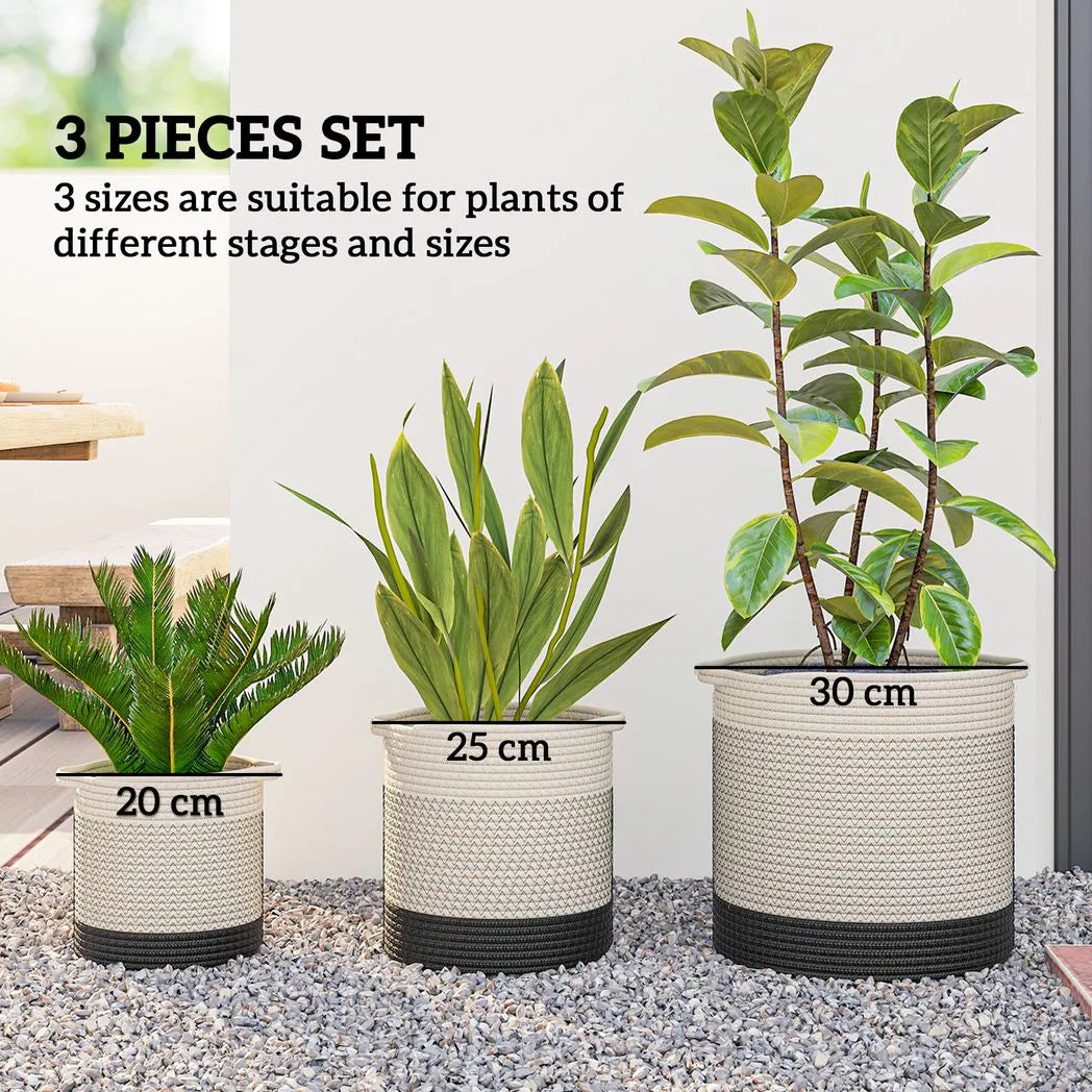 Outsunny Handwoven Cotton Rope Plant Pots, Set of 3 – Indoor Planters with Waterproof Liner, White